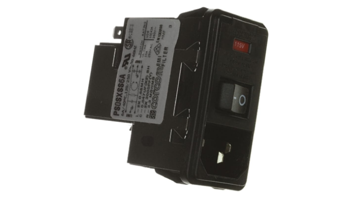 TE Connectivity 6A, 250 V ac Male Snap-In IEC Filter 2 Pole PS0SXSS6A, Spade 1 Fuse
