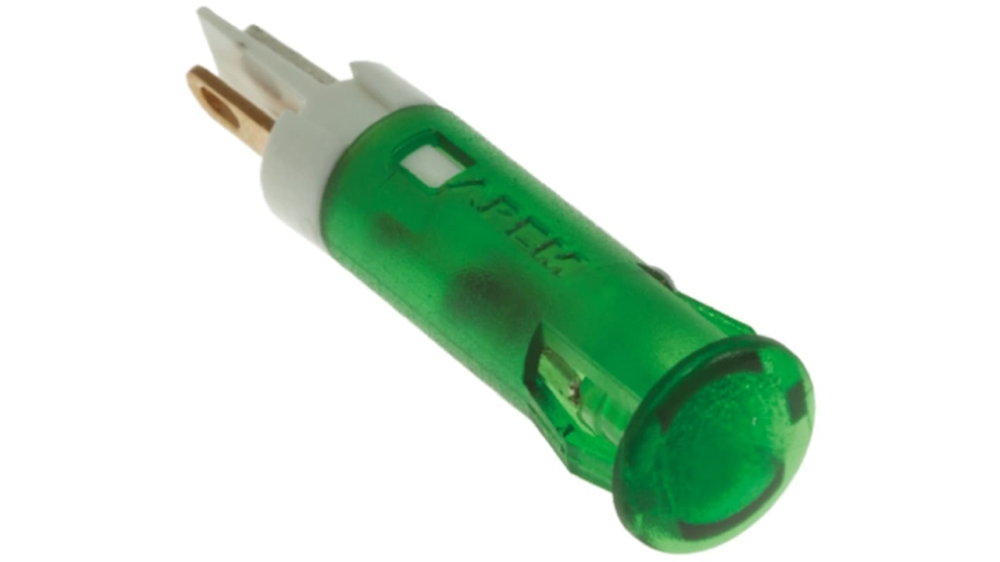 APEM 绿色LED面板指示灯, 12V 直流, 20mA, Φ6mm安装孔, Faston，焊接接线片端接, 绿色边框