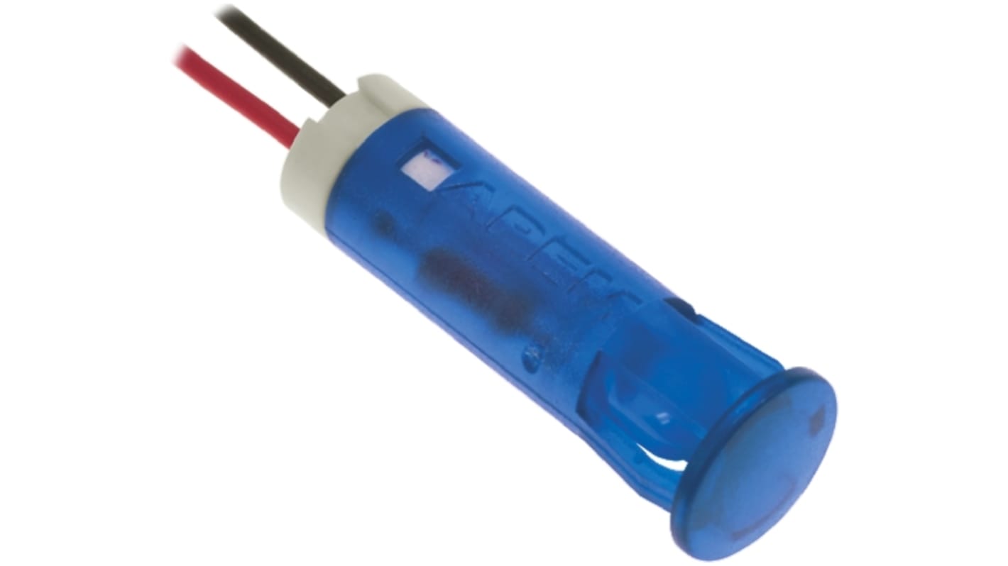 APEM 蓝色LED面板指示灯, 220V 交流, 3mA, Φ8mm安装孔, 引线端接, 蓝色边框