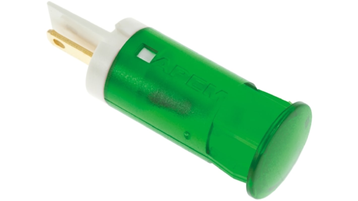 Apem Green Panel Mount Indicator, 12V dc, 12mm Mounting Hole Size, Faston, Solder Lug Termination