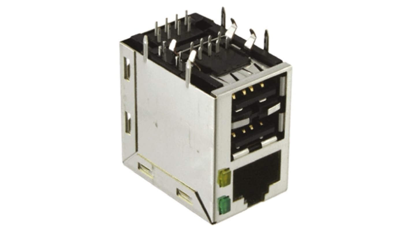 TE Connectivity Female RJ45 Connector, Through Hole, Cat3, STP Shield Right Angle 1 Port 8P8C -Way