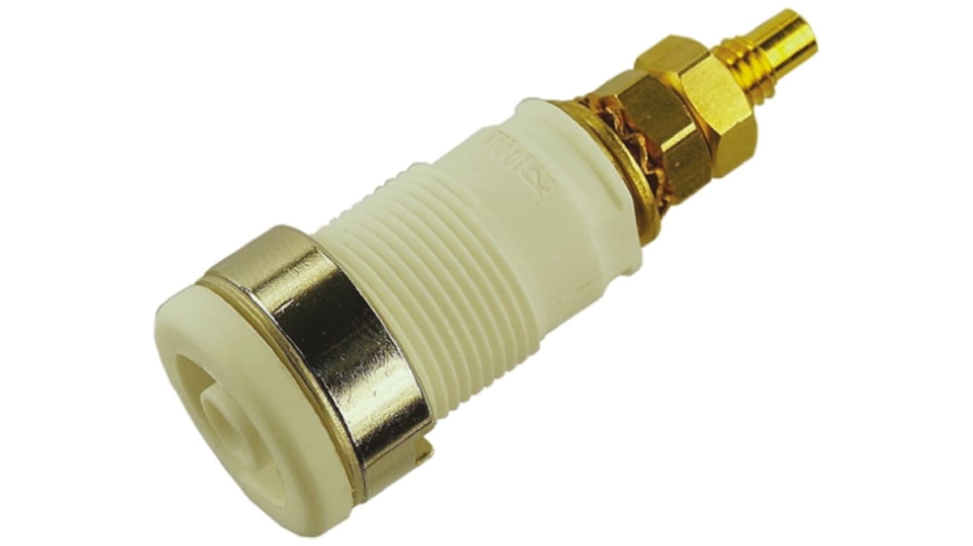 Conector banana hembra Hembra, 32A, 1000V ac/dc, Contacto Oro, Blanco