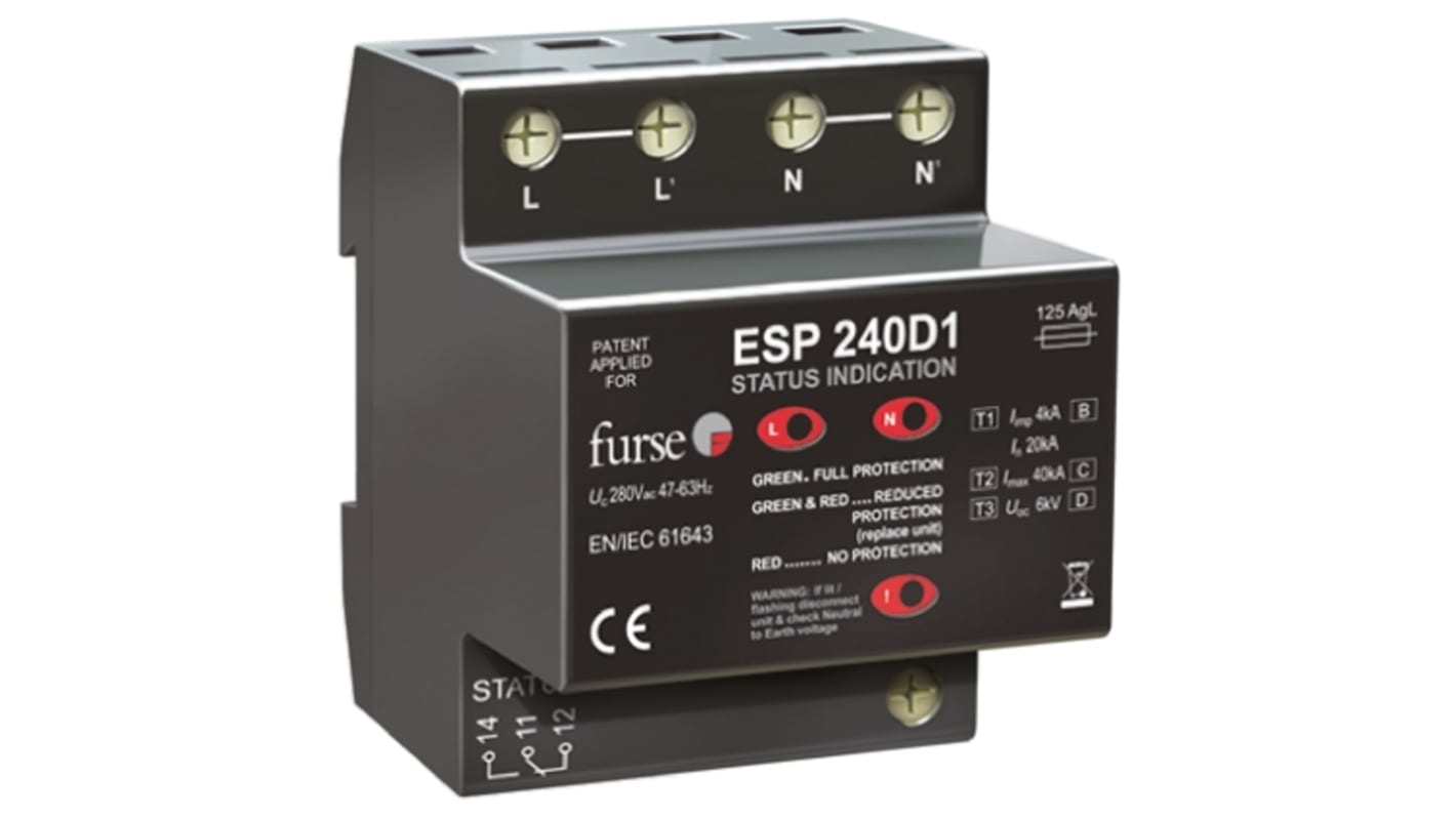 WJ Furse, D1 Lightning / Surge Arrester 280 V Maximum Voltage Rating 6.25kA Maximum Surge Current Mains Surge Protector