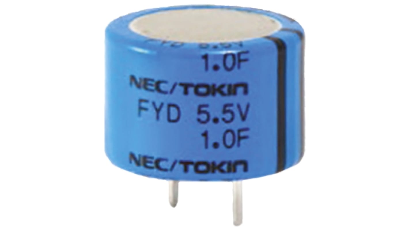 Supercondensador KEMET, 1F, -20 → +80%, 5.5V dc, Montaje en orificio pasante, 35Ω