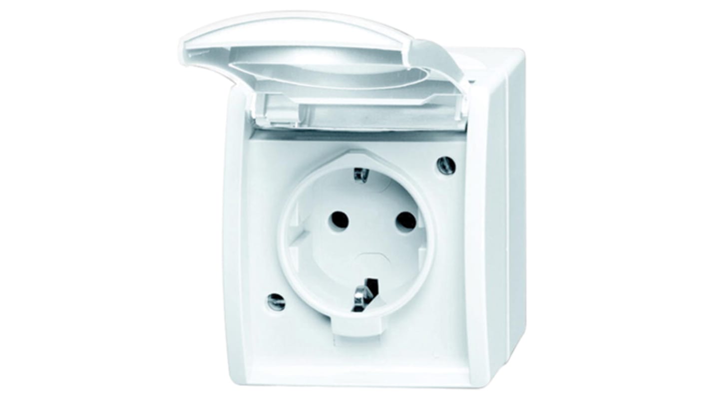 Busch Jaeger - ABB White 1 Gang Plug Socket, 2 Poles, 16A, Type F - German Schuko, Outdoor Use