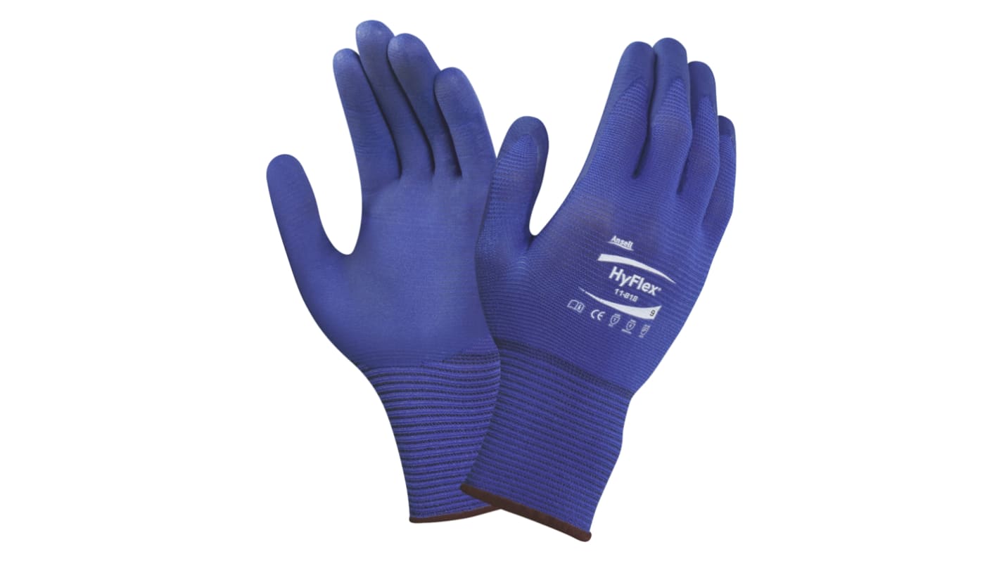 Ansell HyFlex 11-818 Blue Nylon, Spandex General Purpose Work Gloves, Size 8, Nitrile Foam Coating