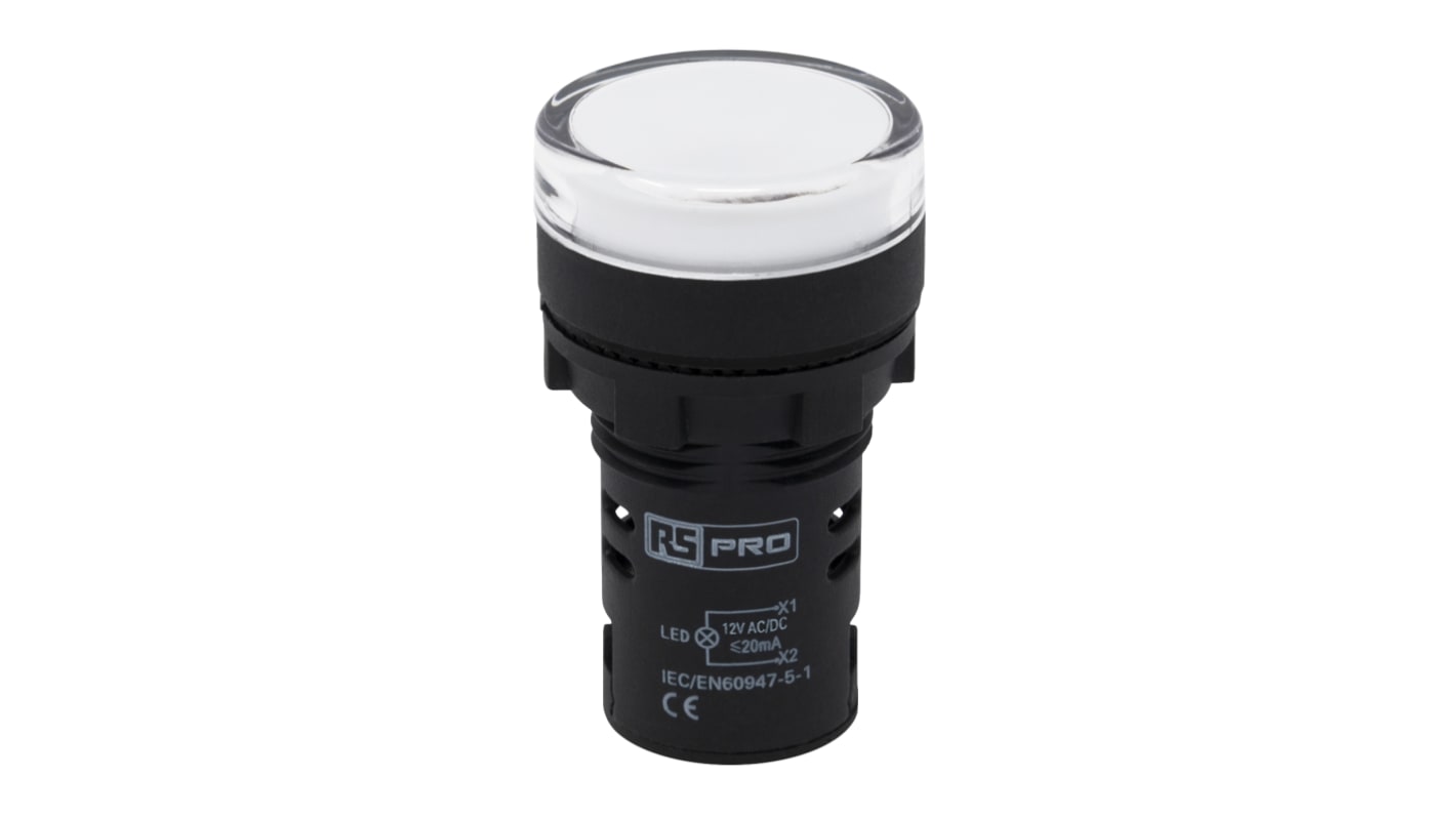 RS PRO Leuchtmelder, 12V ac/dc Weiß, Ausschnitt-Ø 22mm LED Tafelmontage IP 65 Schraub