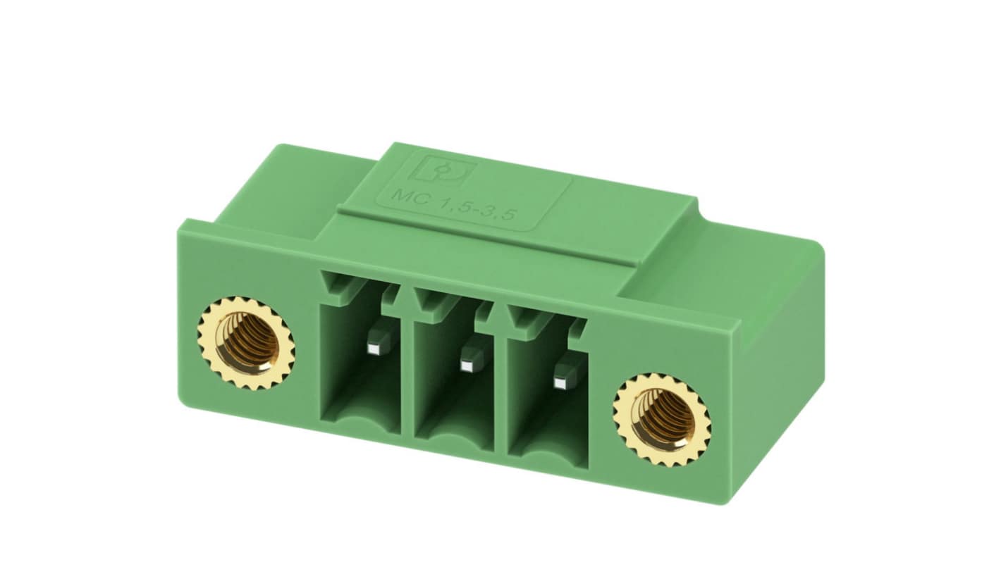 Phoenix Contact, 3.5mm Pitch, MC 1.5/ 3-GF-3.5-LR, 3 Way, Right Angle, Pluggable Terminal Block, Header, Through Hole,