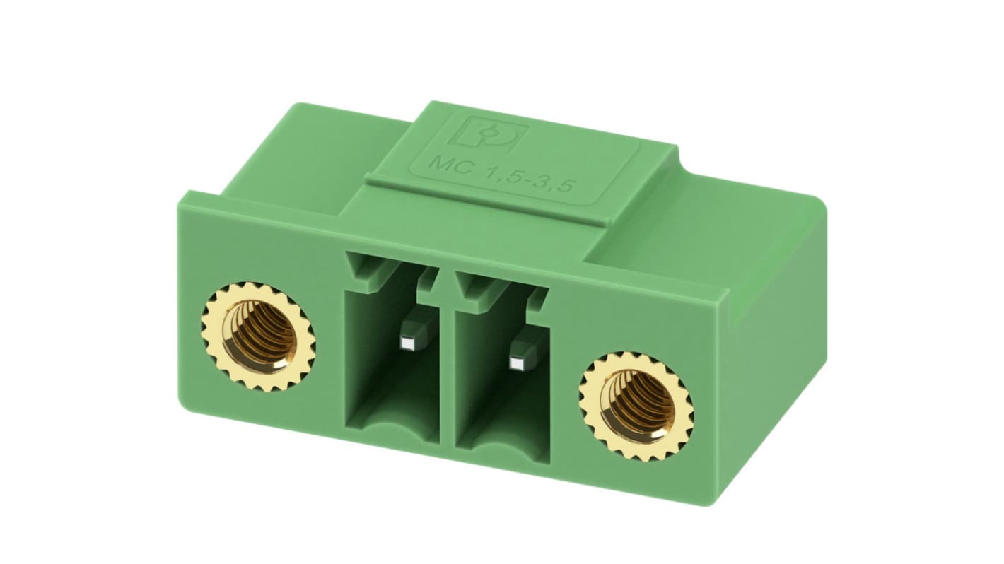 Phoenix Contact, 3.5mm Pitch, MC 1.5/2-GF-3.5-LR, 2 Way, Right Angle, Pluggable Terminal Block, Header, Through Hole,