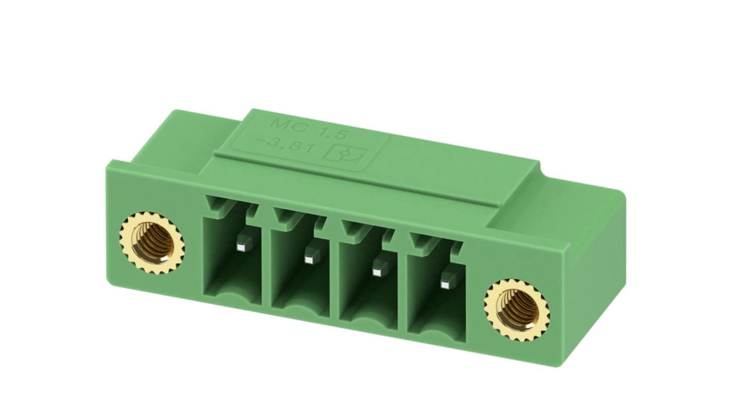 Phoenix Contact, 3.81mm Pitch, MC 1.5/4-GF-3.81-LR, 4 Way, Right Angle, Pluggable Terminal Block, Header, Through Hole,