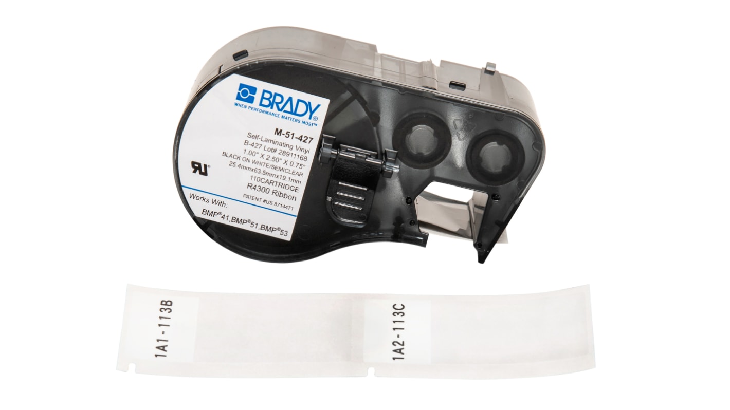 Brady B-427 Black on Black on White, Transparent Label Printer Tape, 25.40 mm Width, 63.5mm Label Length