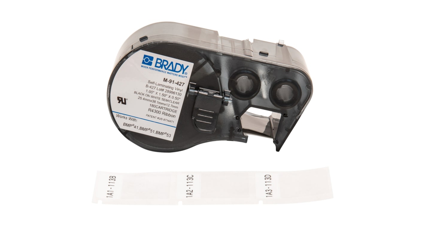 Nastro per etichettatrici Brady 25,4 mm Nero su Bianco/trasparente