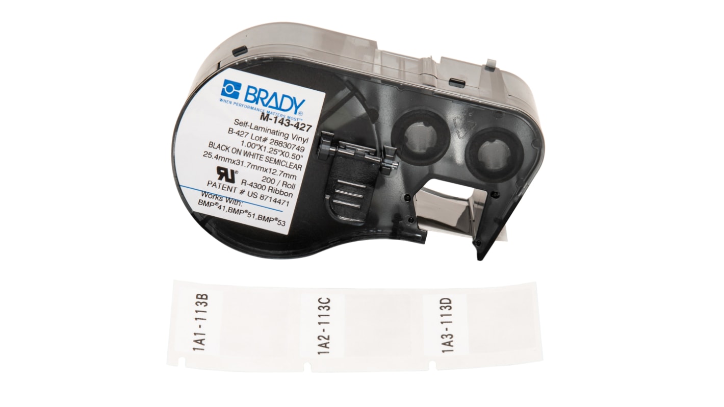 Brady B-427 Self-laminating Vinyl Black on White/Transparent Label Printer Tape, 25.4 mm Width, 31.75mm Label Length