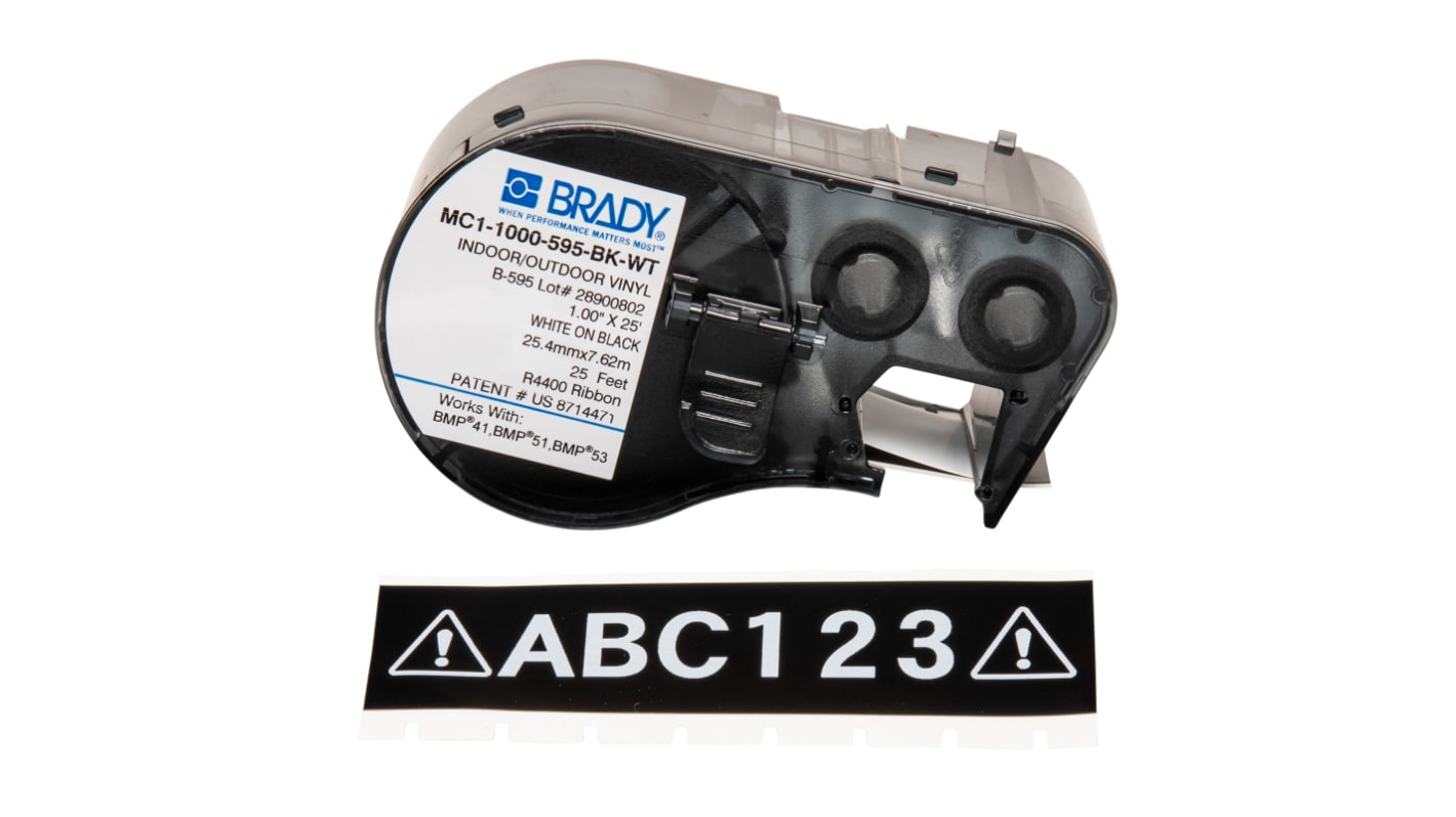 Brady B-595 Vinyl White on Black Label Printer Tape, 7.62 m Length, 25.4 mm Width