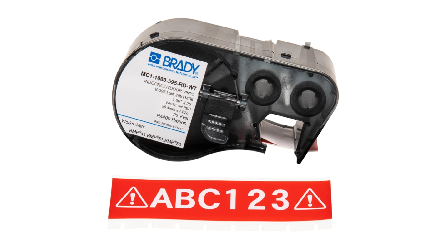 Brady B-595 Vinyl White on Red Label Printer Tape, 7.62 m Length, 25.4 mm Width