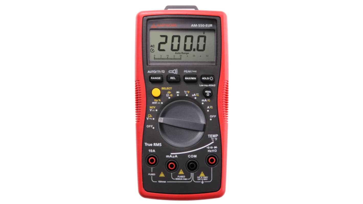 Amprobe AM-550-EUR Handheld LCD Digital Multimeter, True RMS, 10A ac Max, 10A dc Max, 1000V ac Max
