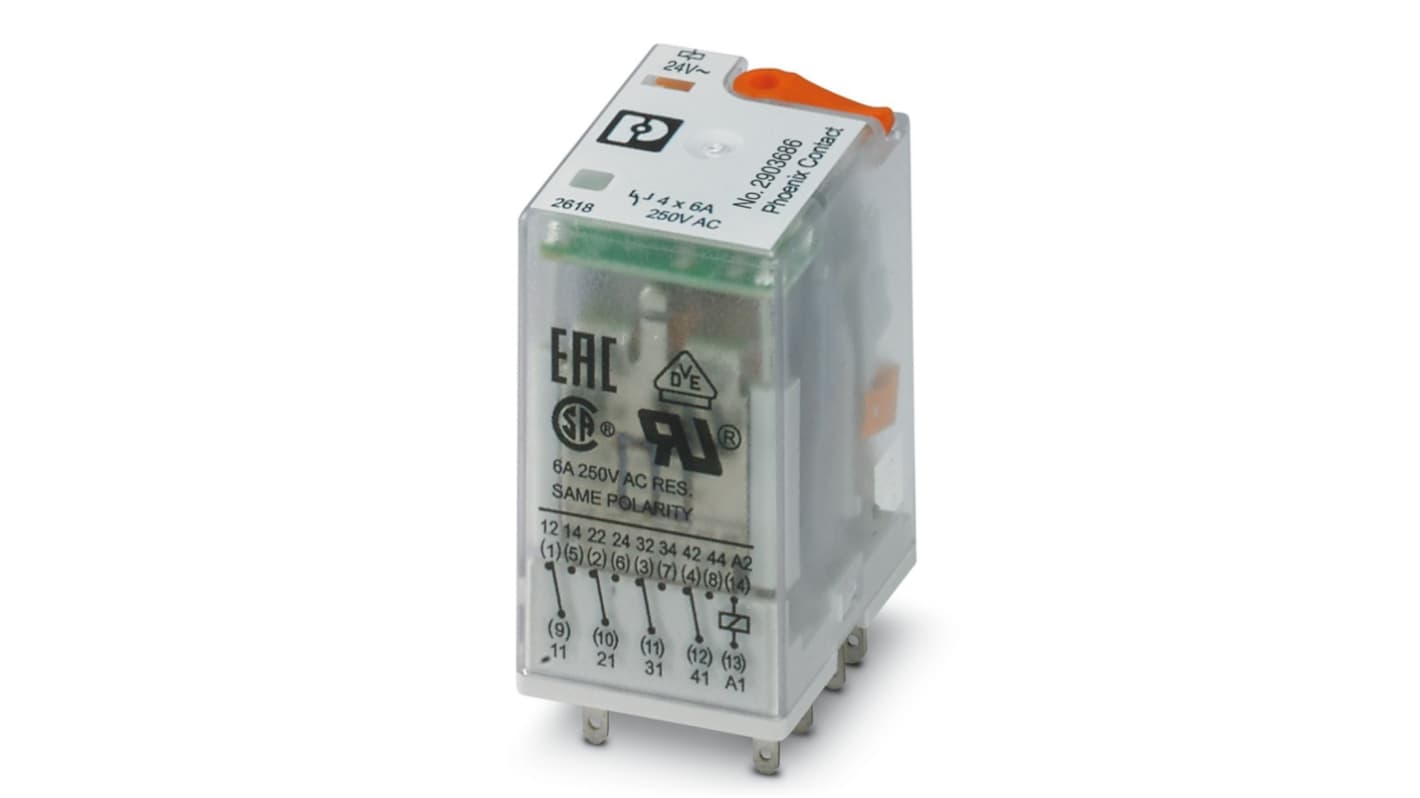 Phoenix Contact PCB Mount Power Relay, 24V ac Coil, 6A Switching Current, 4PDT