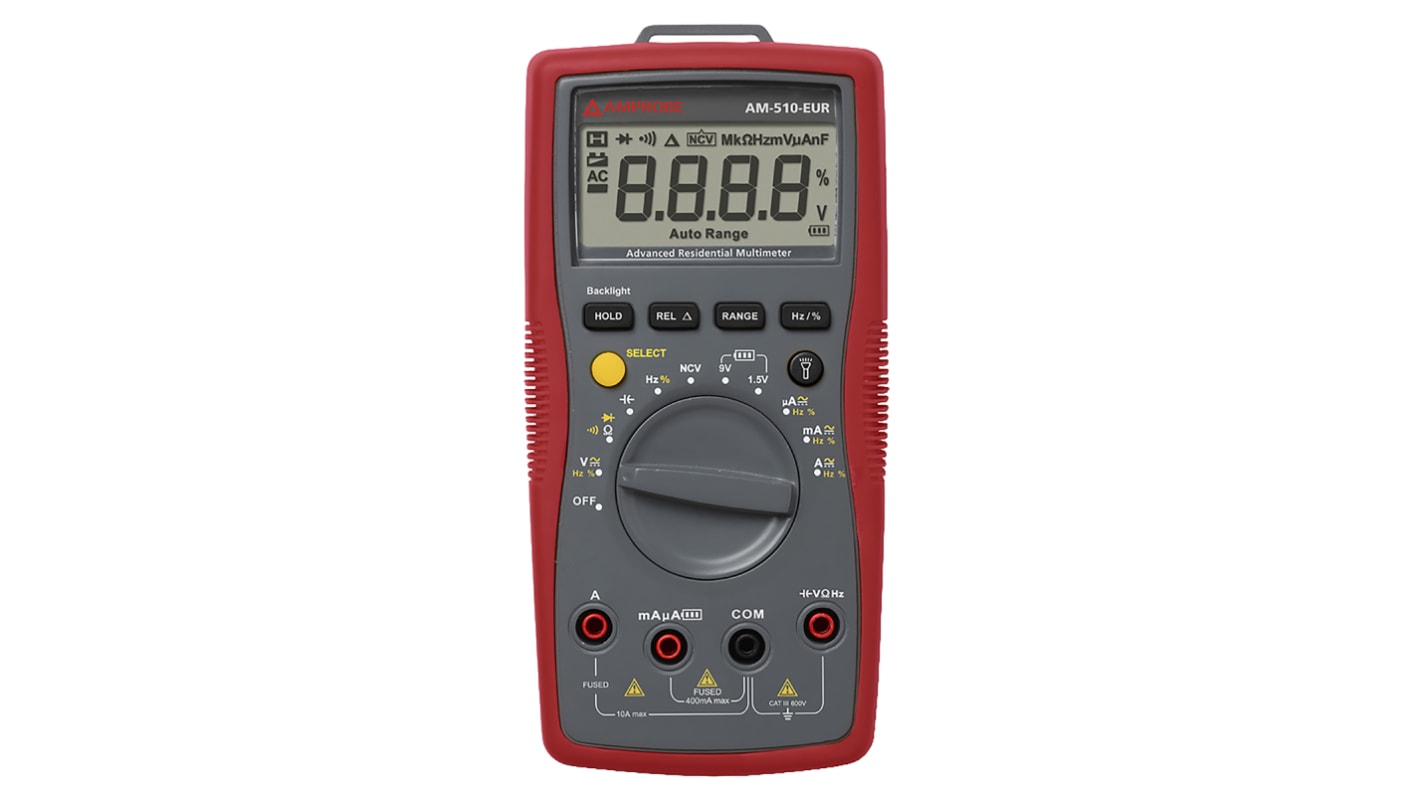 Amprobe AM-510-EUR Handheld Digital Multimeter, 10A ac Max, 10A dc Max, 600V ac Max - UKAS Calibrated