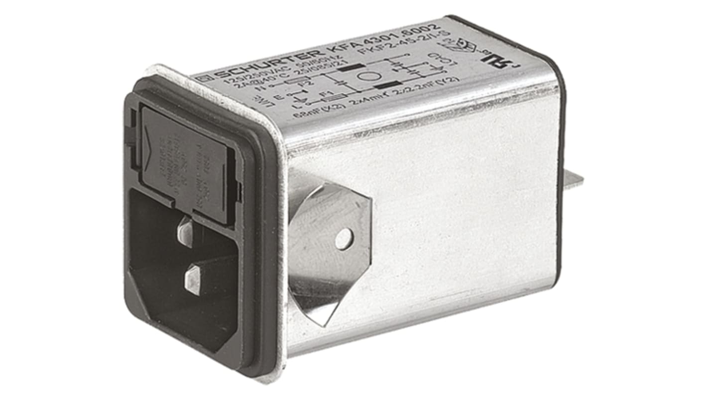 Schurter 4A, 125 V ac, 250 V ac Male Snap-In Filtered IEC Connector 4301.6003, Quick Connect 1, 2 Fuse