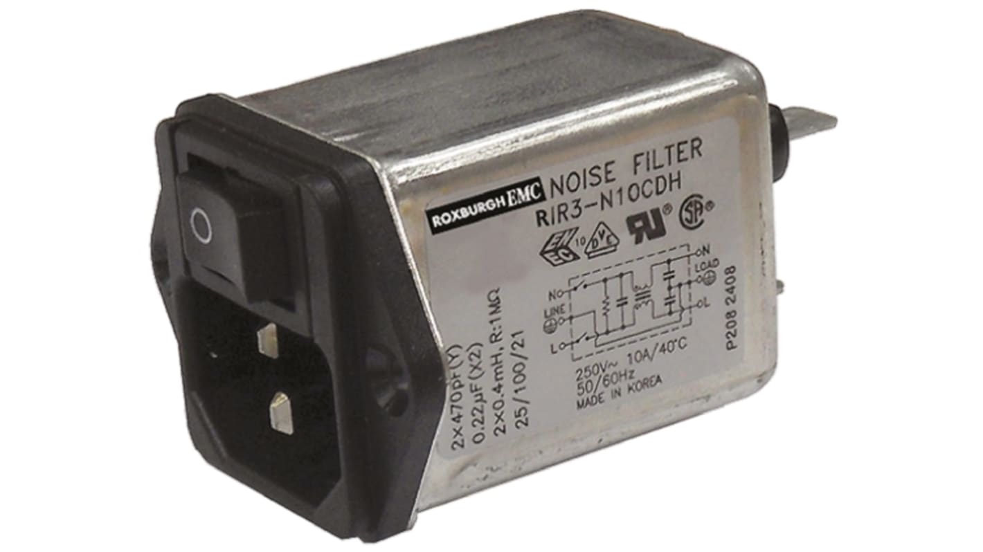Roxburgh EMC 3A, 250 V ac/dc Male Panel Mount IEC Filter 2 Pole RIR303CEH, Faston None Fuse