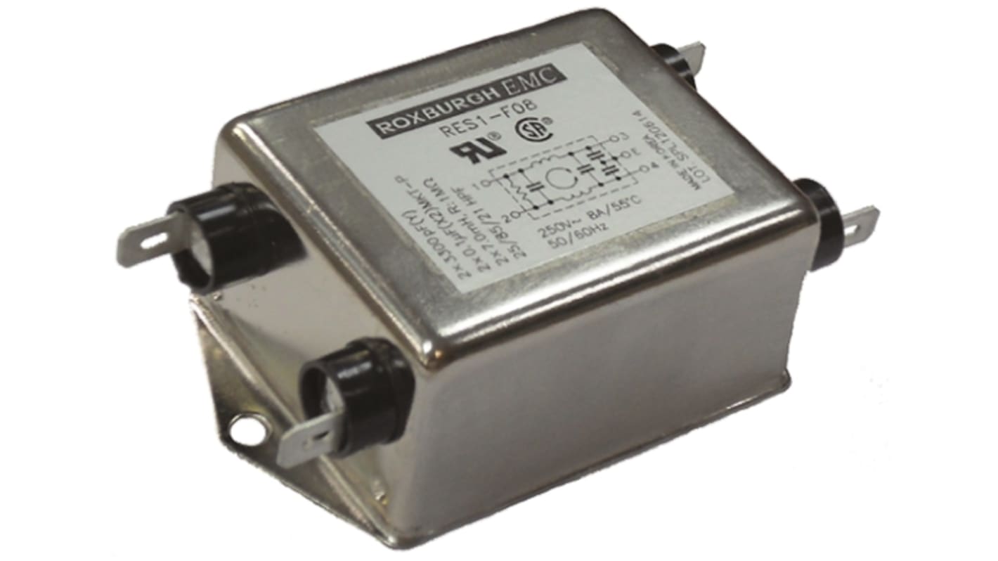 Roxburgh EMC, RES1 15A 250 V ac/dc 50 and 60Hz, Chassis Mount RFI Filter, Tab, Single Phase