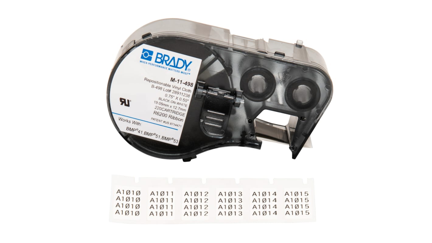 Brady B-498 Black on Black on White Label Printer Tape, 19.05 mm Width, 12.7mm Label Length