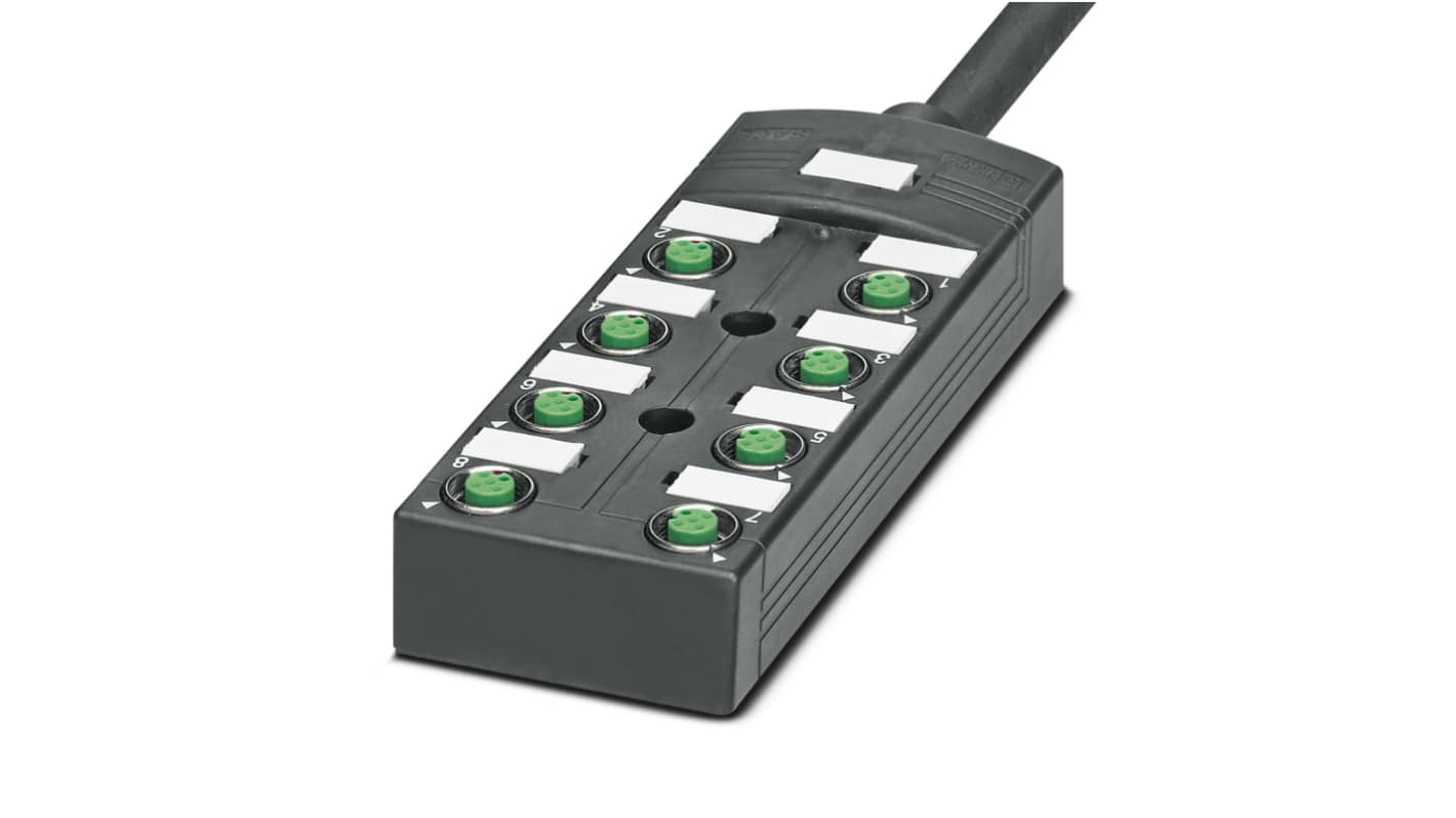 Phoenix Contact M12传感器分线盒, 8端口, 5线路, 5m线长, IP65、IP67、IP69K, SACB系列