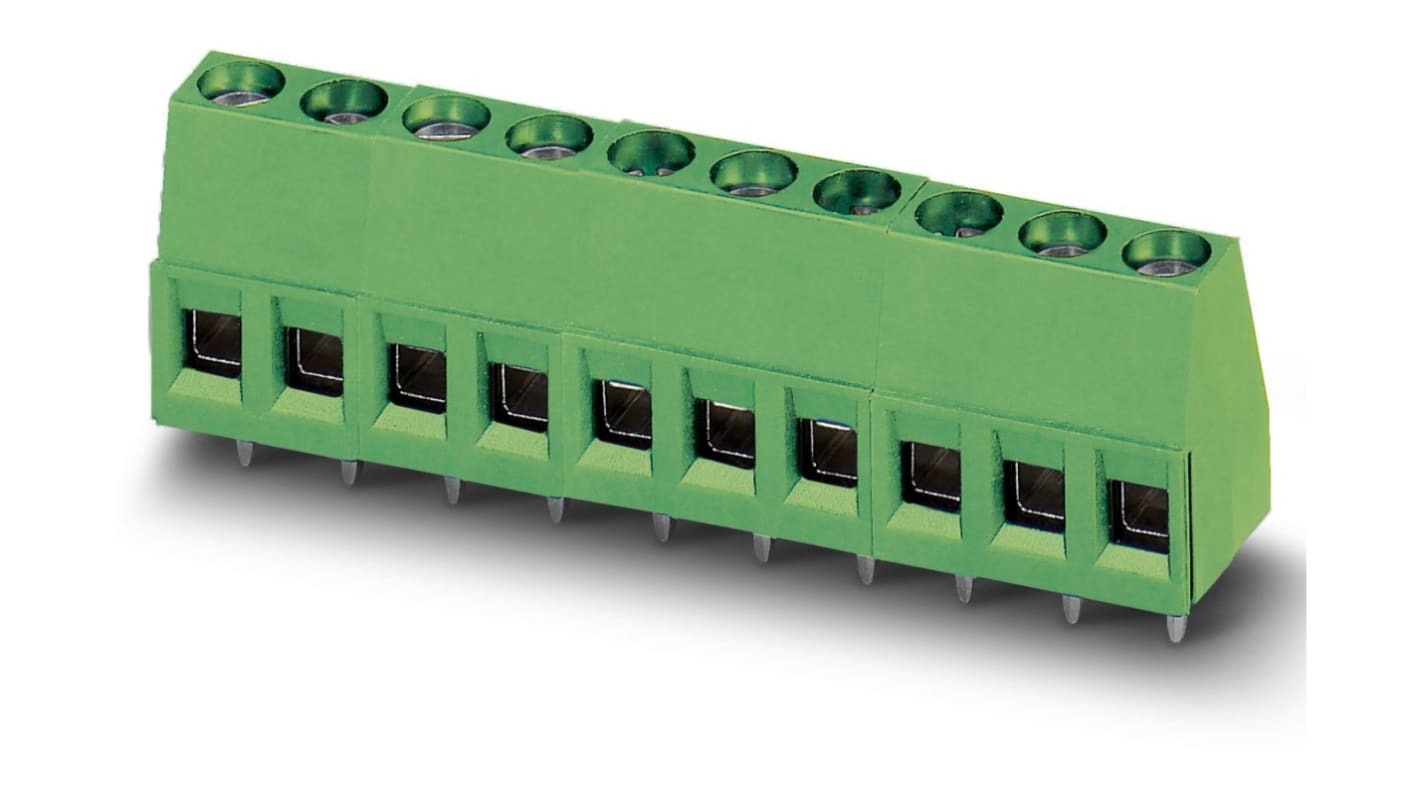 Borne para PCB Macho Phoenix Contact de 4 vías , paso 5mm, 17.5A, de color Verde, montaje Montaje en orificio pasante,