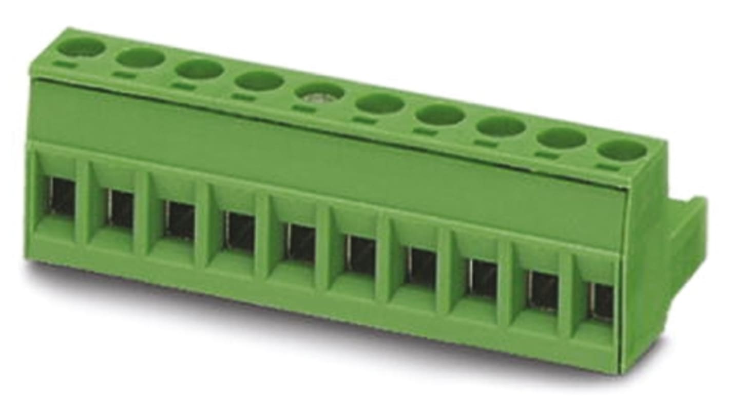 Borne enchufable para PCB Hembra Ángulo recto Phoenix Contact de 12 vías, paso 5mm, 12A, de color Verde, montaje De