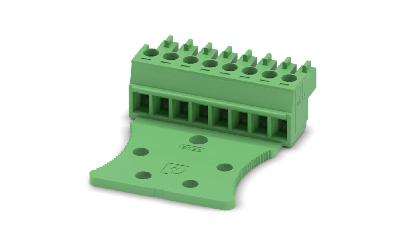 Borne enchufable para PCB Hembra Ángulo recto Phoenix Contact de 8 vías, paso 3.81mm, 8A, de color Verde, montaje De