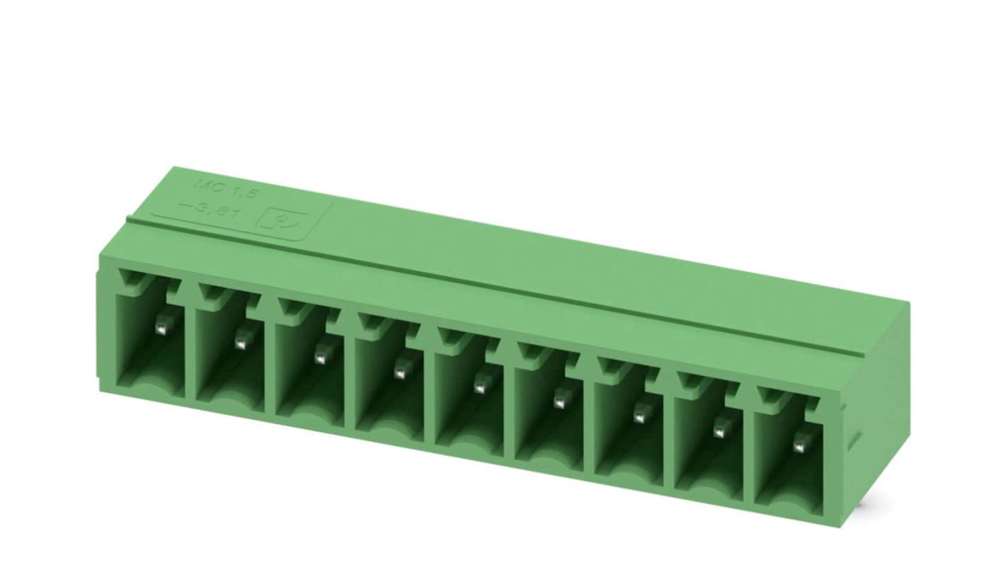Phoenix Contact, 3.81mm Pitch, MC 1.5/9-G-3.81, 9 Way, Right Angle, Pluggable Terminal Block, Header, Through Hole,