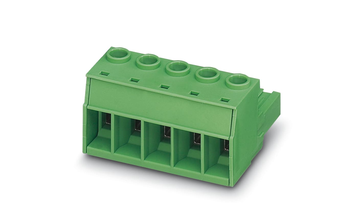 Bloque de terminal PCB Hembra Ángulo recto Phoenix Contact de 2 vías, paso 10.16mm, 76A, de color Verde, montaje De