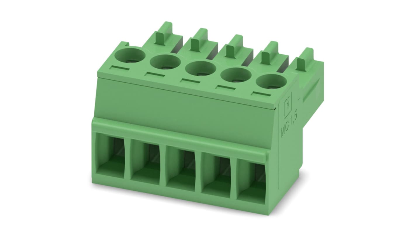 Phoenix Contact, 3.5mm Pitch, MC 1.5/5-ST-3.5, 5 Way, , Pluggable Terminal Block, Plug, Cable Mount, Screw Termination,