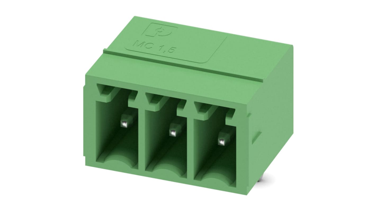Phoenix Contact, 3.5mm Pitch, MC 1.5/3-G-3.5, 3 Way, , Pluggable Terminal Block, Header, Through Hole, Solder
