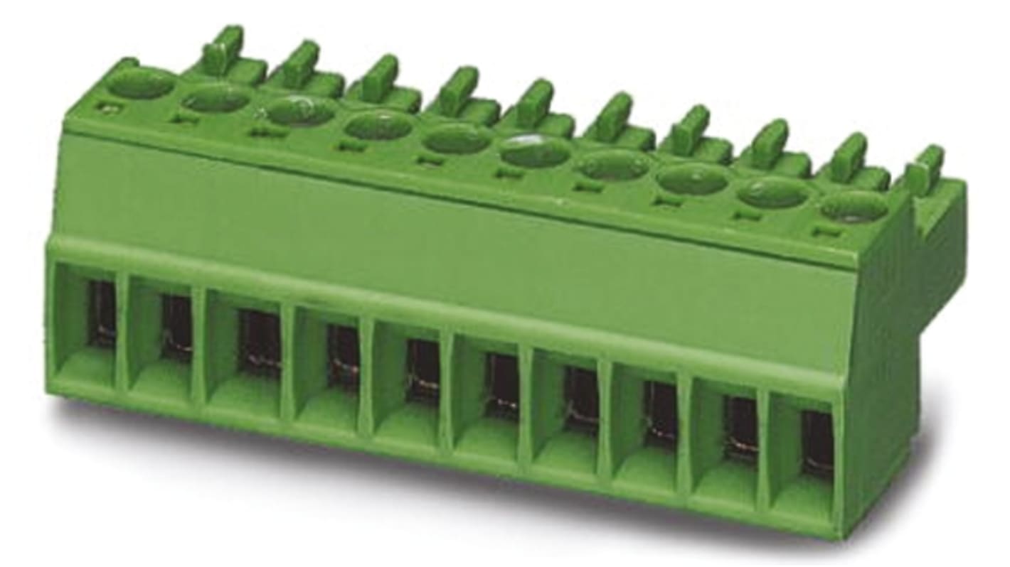 Borne enchufable para PCB Ángulo recto Phoenix Contact de 9 vías , paso 3.5mm, 8A, de color Verde, montaje de cable,