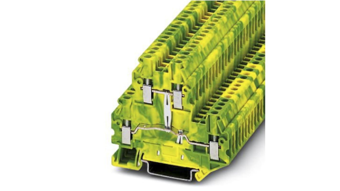 Phoenix Contact UTTB 2.5-PE Series Green, Yellow DIN Rail Terminal Block, 2.5mm², Double-Level, Screw Termination,