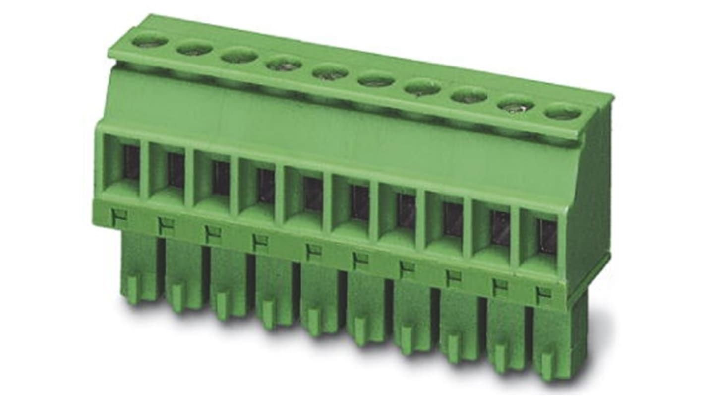 Borne enchufable para PCB Hembra Ángulo recto Phoenix Contact de 4 vías, paso 3.5mm, 8A, de color Verde, montaje de