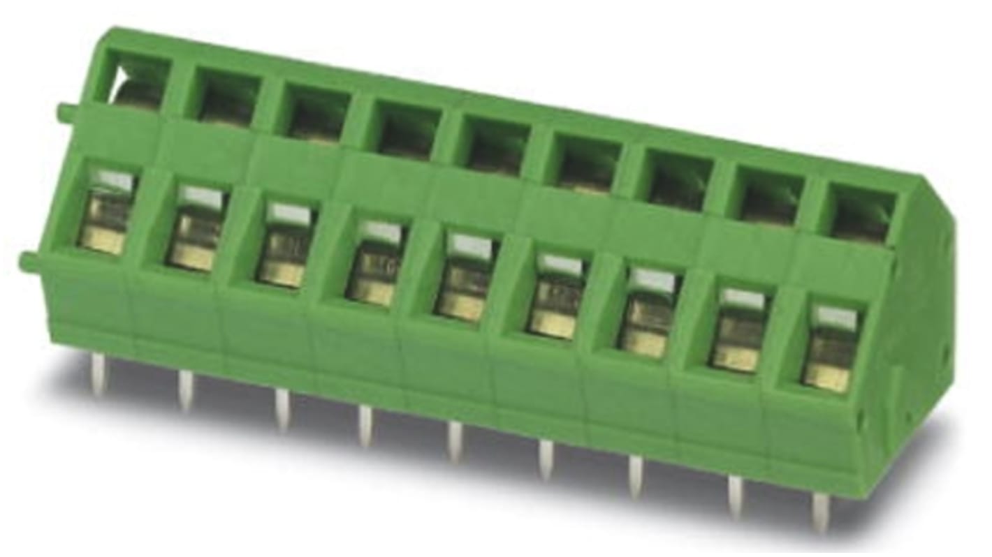 Phoenix Contact PCB端子排, 5mm间距, 16A, 400 V, THT安装, 弹簧架端接, 直向, 绿色, ZFKDS 1.5C-5.0系列