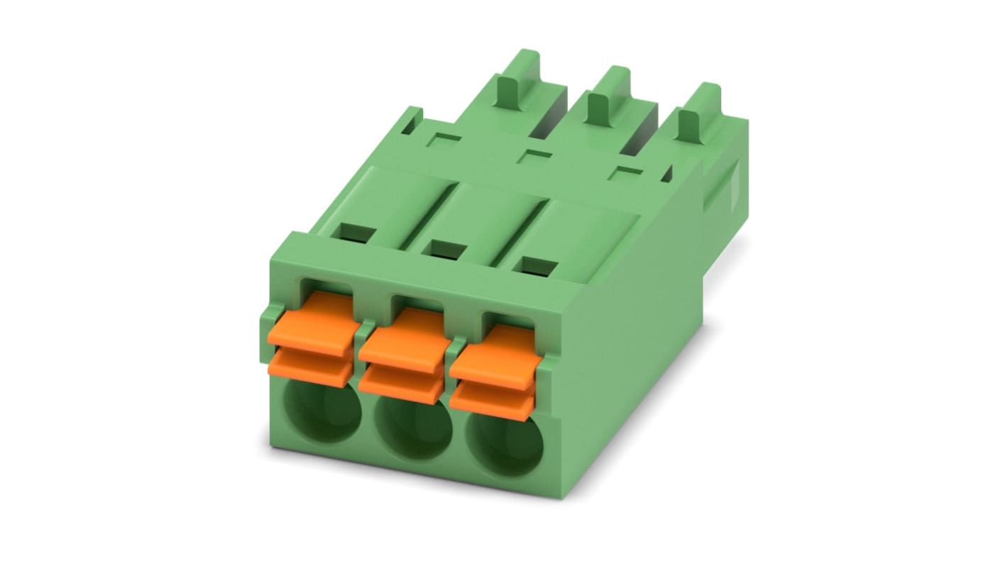 Phoenix Contact, 3.5mm Pitch, FMC 1.5/3-ST-3.5, 3 Way, , Pluggable Terminal Block, Plug, Cable Mount, Spring Cage