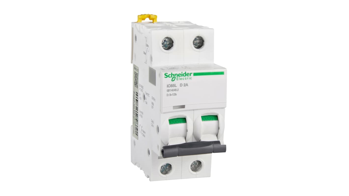 Schneider Electric D型MCB, 2P极, 100 kA分断, 2A, 400VAC, iC65L系列 iC65L 2P D2A