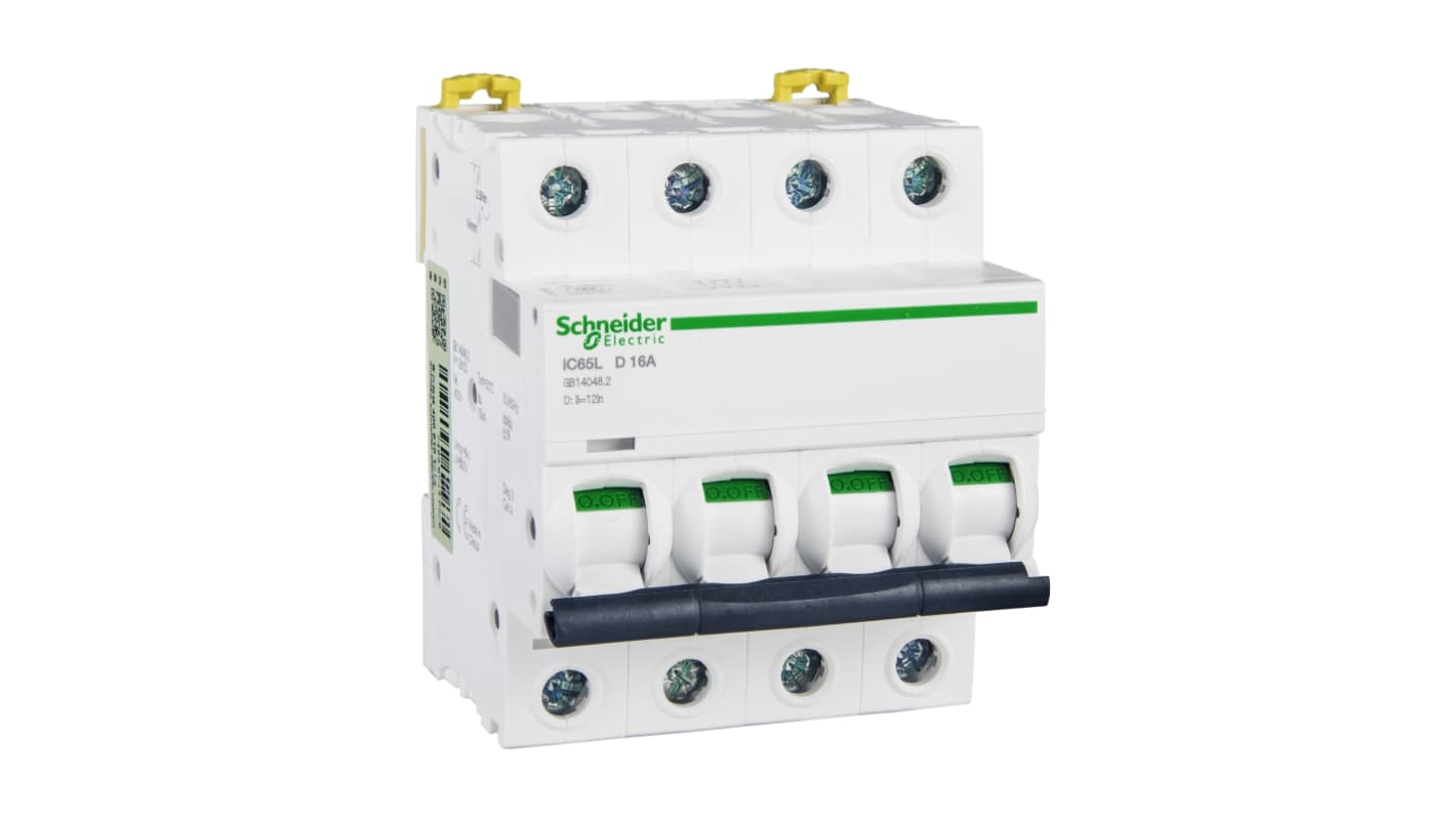 Schneider Electric D型MCB, 4P极, 25 kA分断, 16A, 400VAC, iC65L系列 iC65L 4P D16A