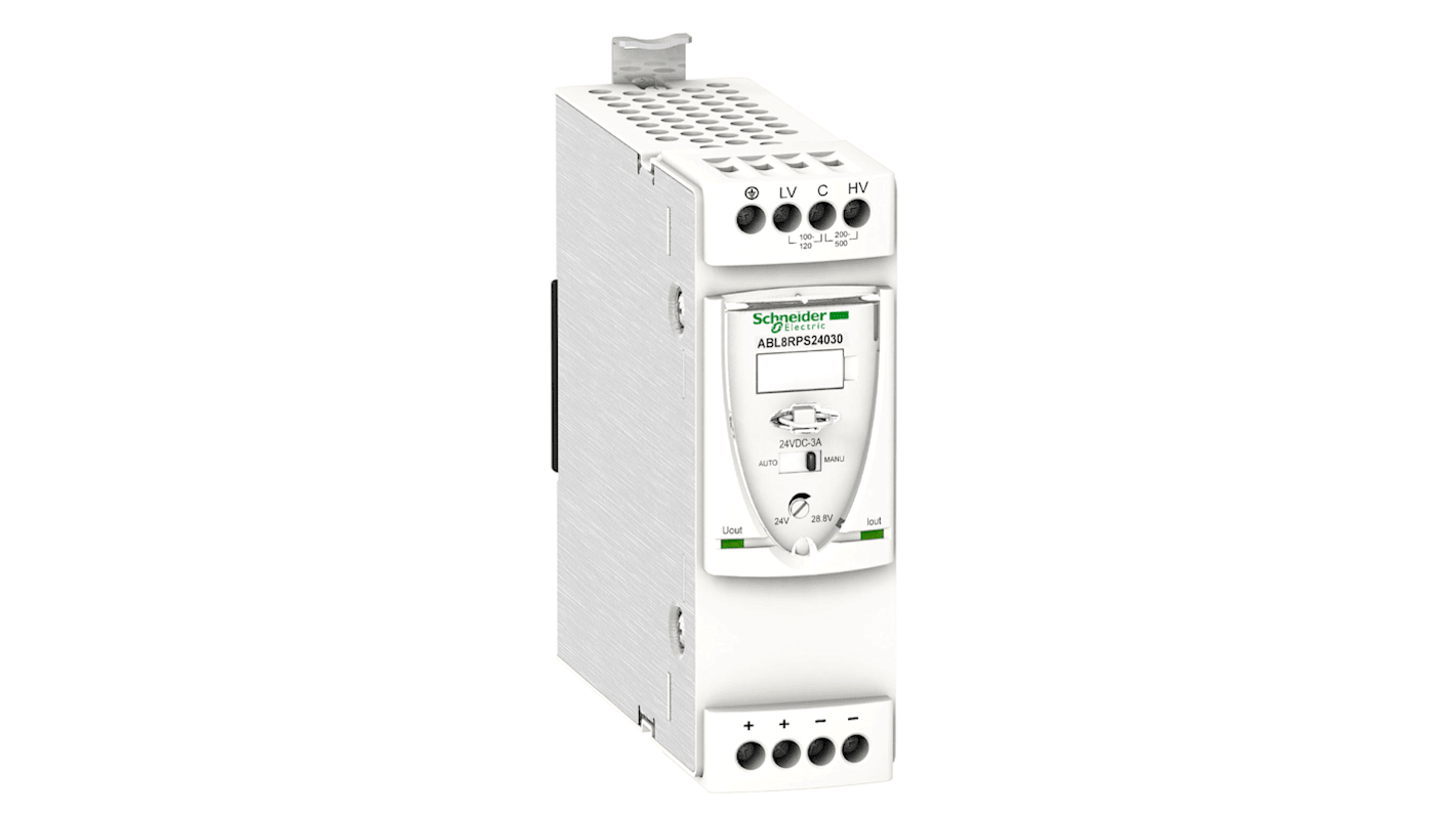 Schneider Electric 开关模式导轨电源, 24V 直流 3A输出, 7.8W, 100 V ac → 240 V ac, 200 → 500V 交流输入, 1, 3相
