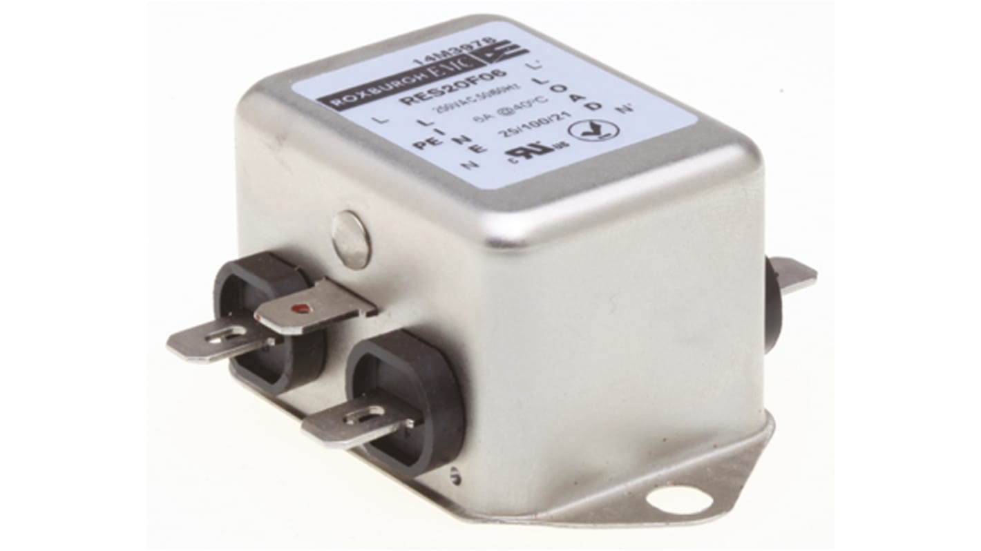 Roxburgh EMC, RES20 6A 250 V ac DC → 400Hz, Chassis Mount RFI Filter, Fast-On, Single Phase