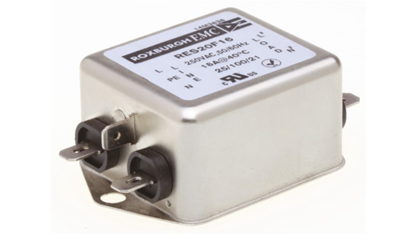 Roxburgh EMC, RES20 16A 250 V ac DC → 400Hz, Chassis Mount RFI Filter, Fast-On, Single Phase