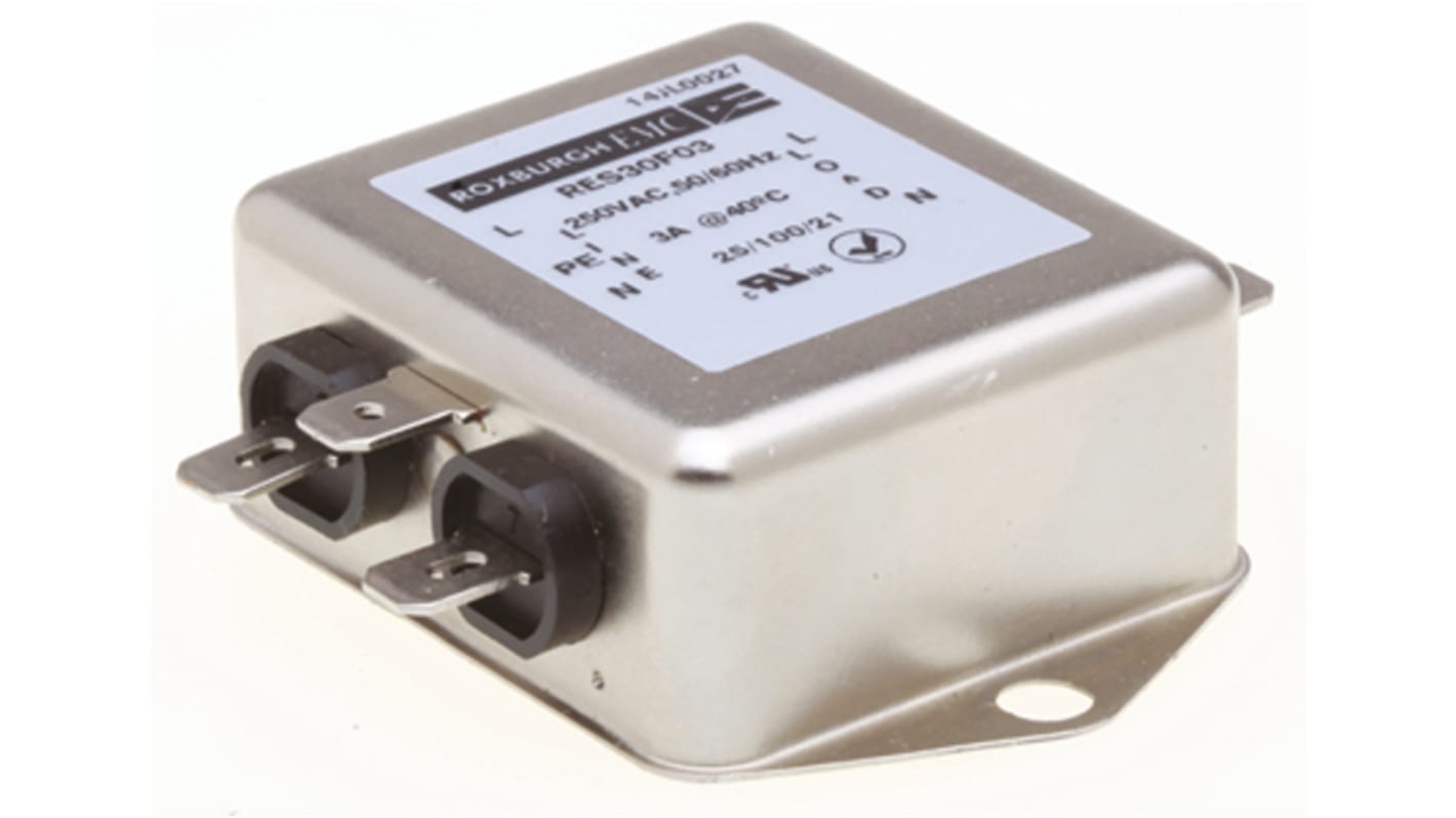 Roxburgh EMC 单相RFI滤波器, 3A, 250 V 交流, DC → 400Hz, 底盘安装, Fast-On接端, RES30系列