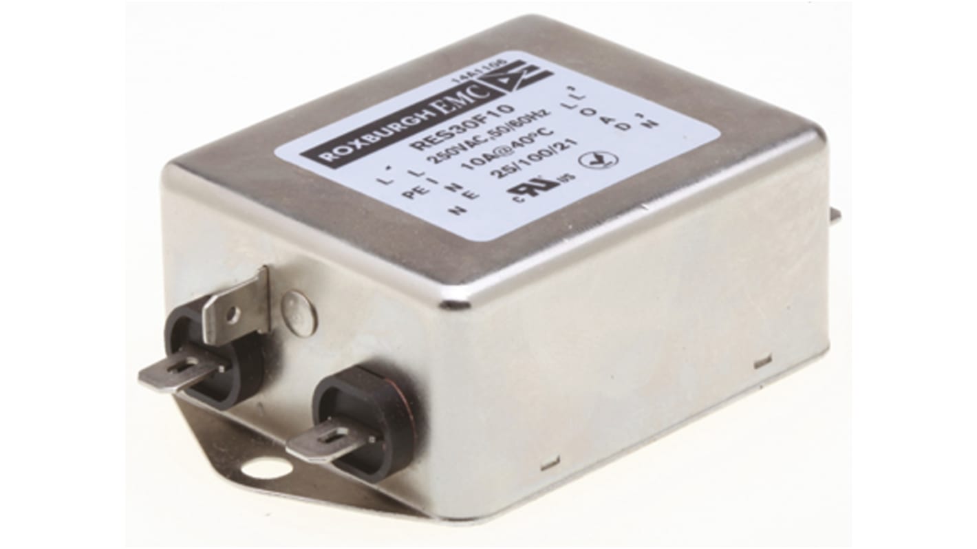 Roxburgh EMC RES30 Entstörfilter, 250 V ac, 10A, Gehäusemontage, Flachstecker, 1-phasig 0,73 mA / DC → 60Hz