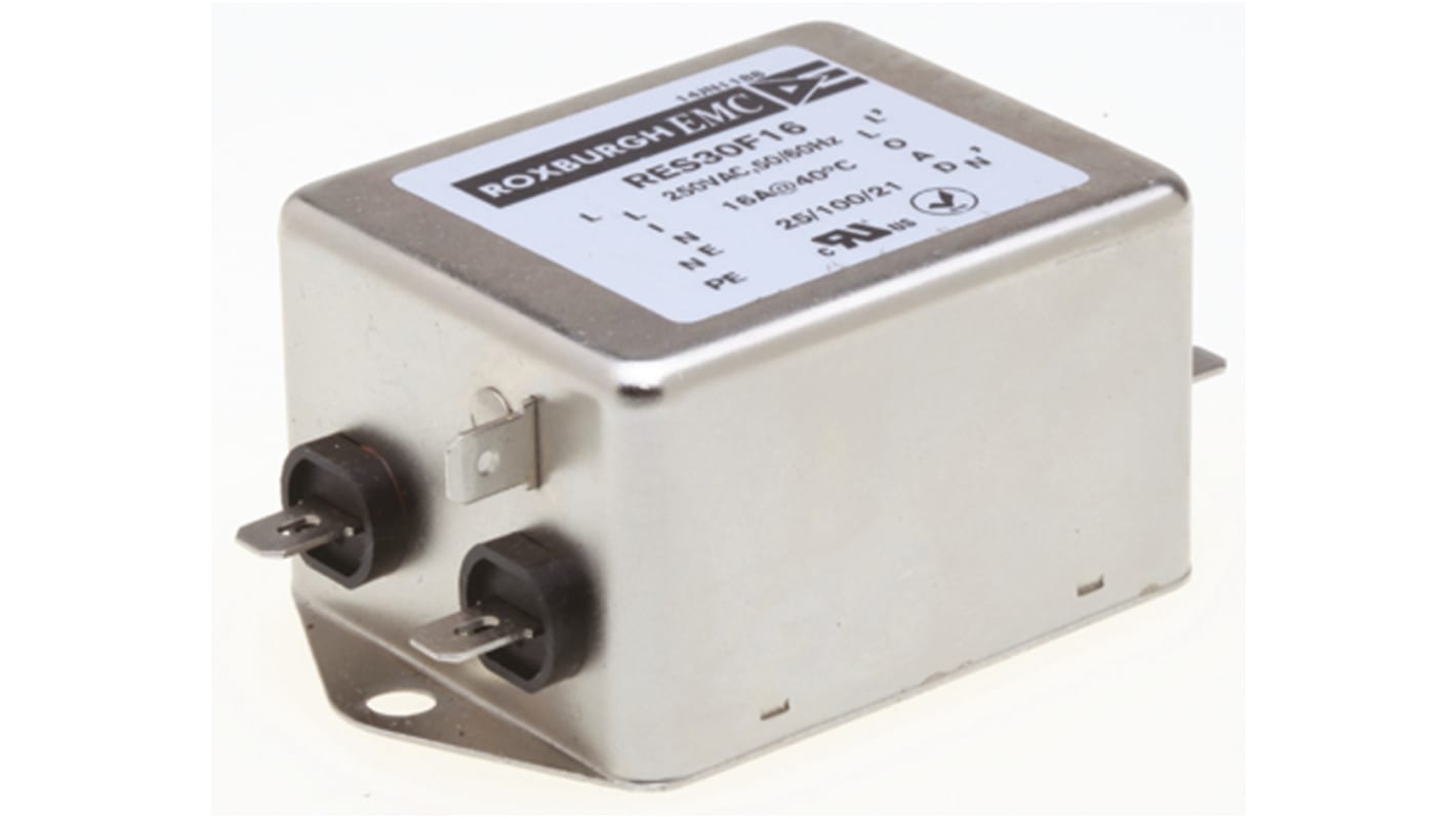 Roxburgh EMC, RES30 16A 250 V ac DC → 400Hz, Chassis Mount RFI Filter, Fast-On, Single Phase