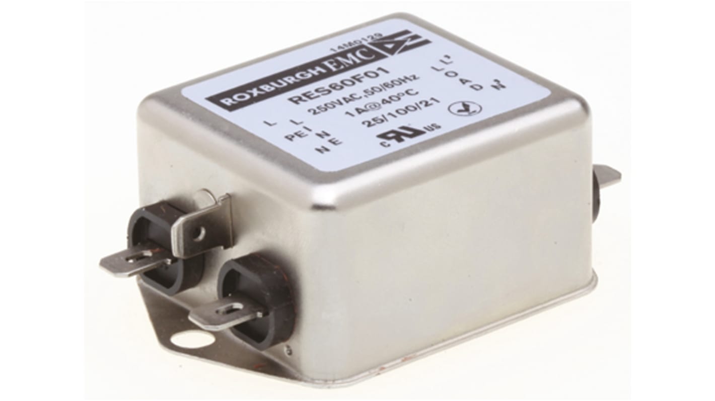 Roxburgh EMC, RES60 1A 250 V ac DC → 400Hz, Chassis Mount RFI Filter, Fast-On, Single Phase