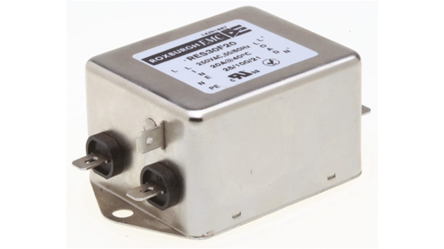 Roxburgh EMC, RES30 20A 250 V ac DC → 400Hz, Chassis Mount RFI Filter, Fast-On, Single Phase