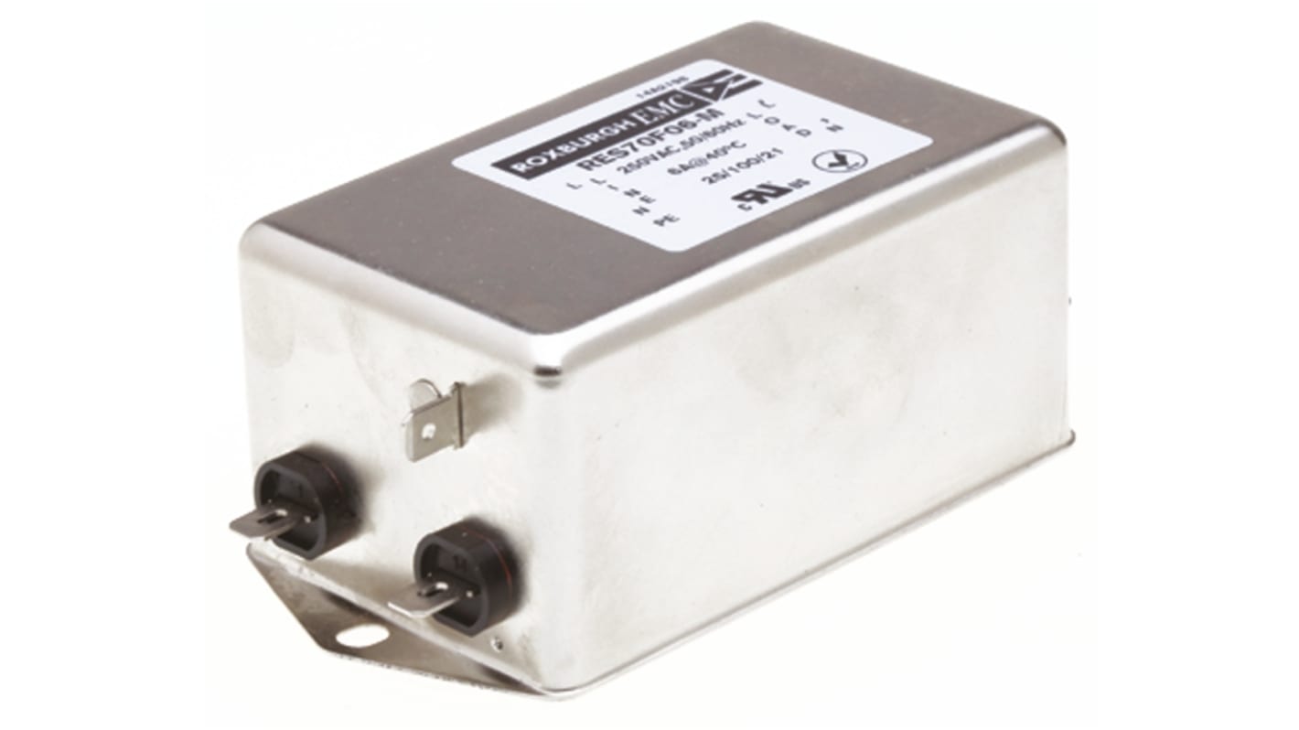 Roxburgh EMC, RES70 6A 250 V ac DC → 400Hz, Chassis Mount RFI Filter, Fast-On, Single Phase